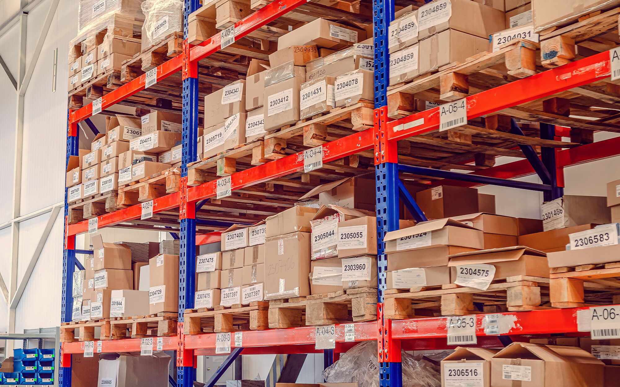 Industrial distribution, composition. Storage with high shelves, cargo boxes on racks