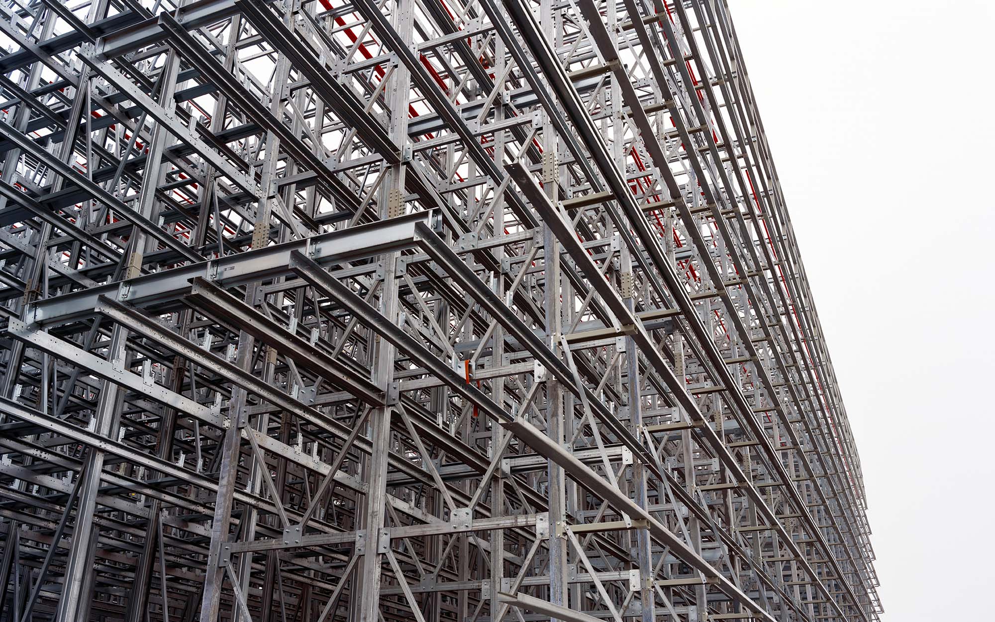 Close up photograph of steel structure clad rack warehouse