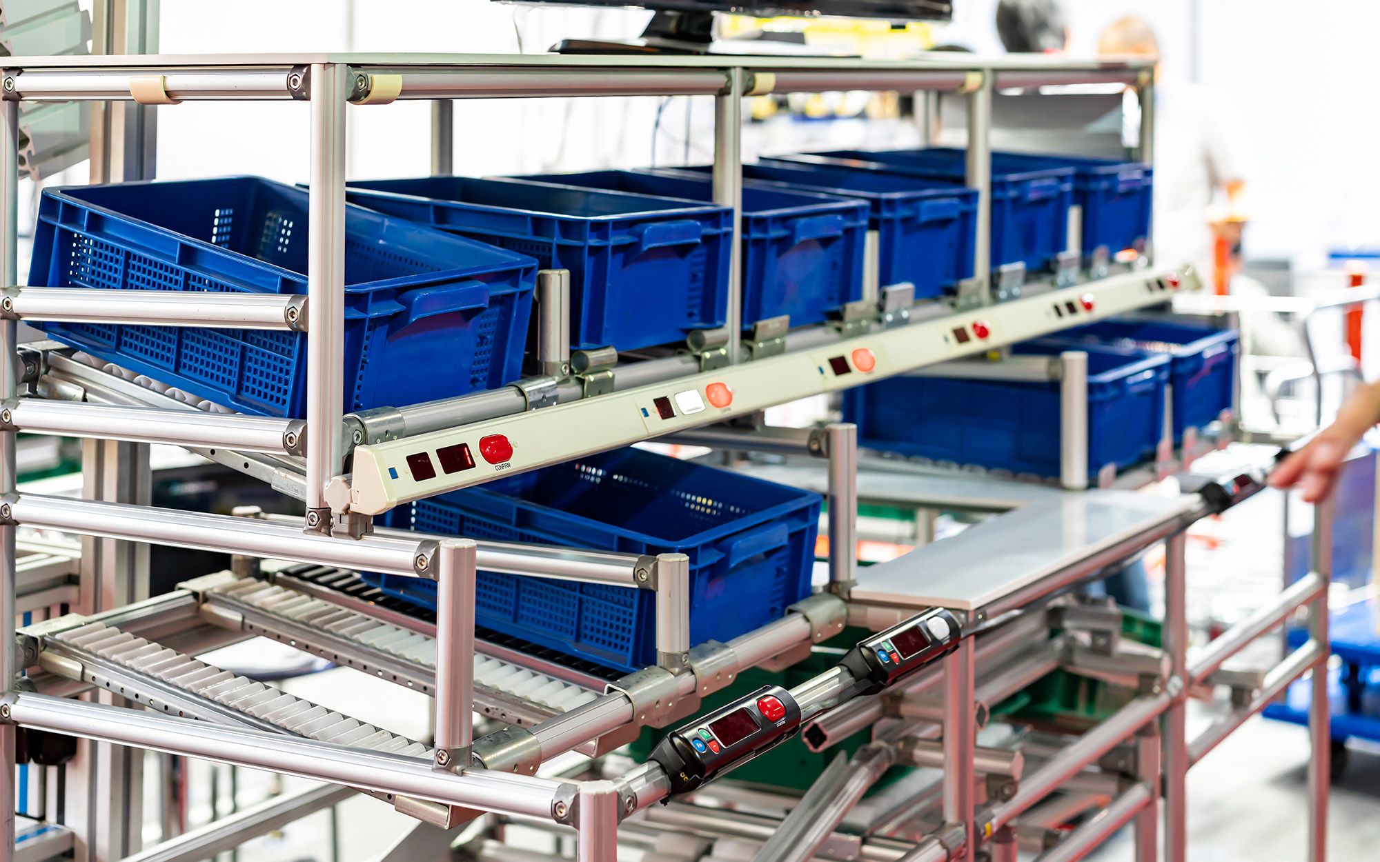basket or plastic box container on roller rack or aluminum shelf with electronic display smart module system for management